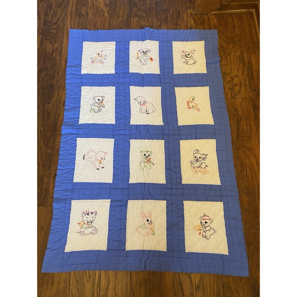 Vtg Cotton Crib Boy Baby Blanket Hand Embroidered 12 Blocks Animals Unisex
